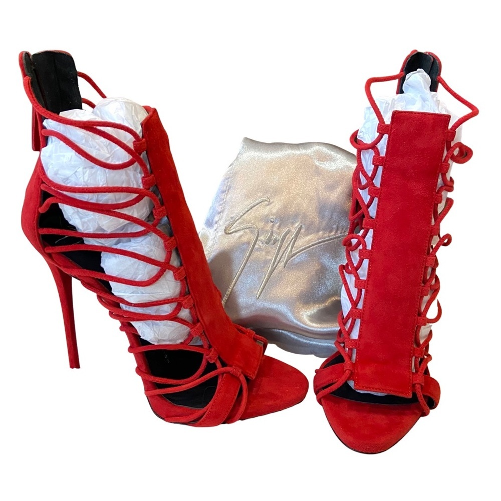 NWOB Giuseppe Zanotti Red Suede Zoey Cage Sandal Stiletto Heels Size 8 - Picture 2 of 11